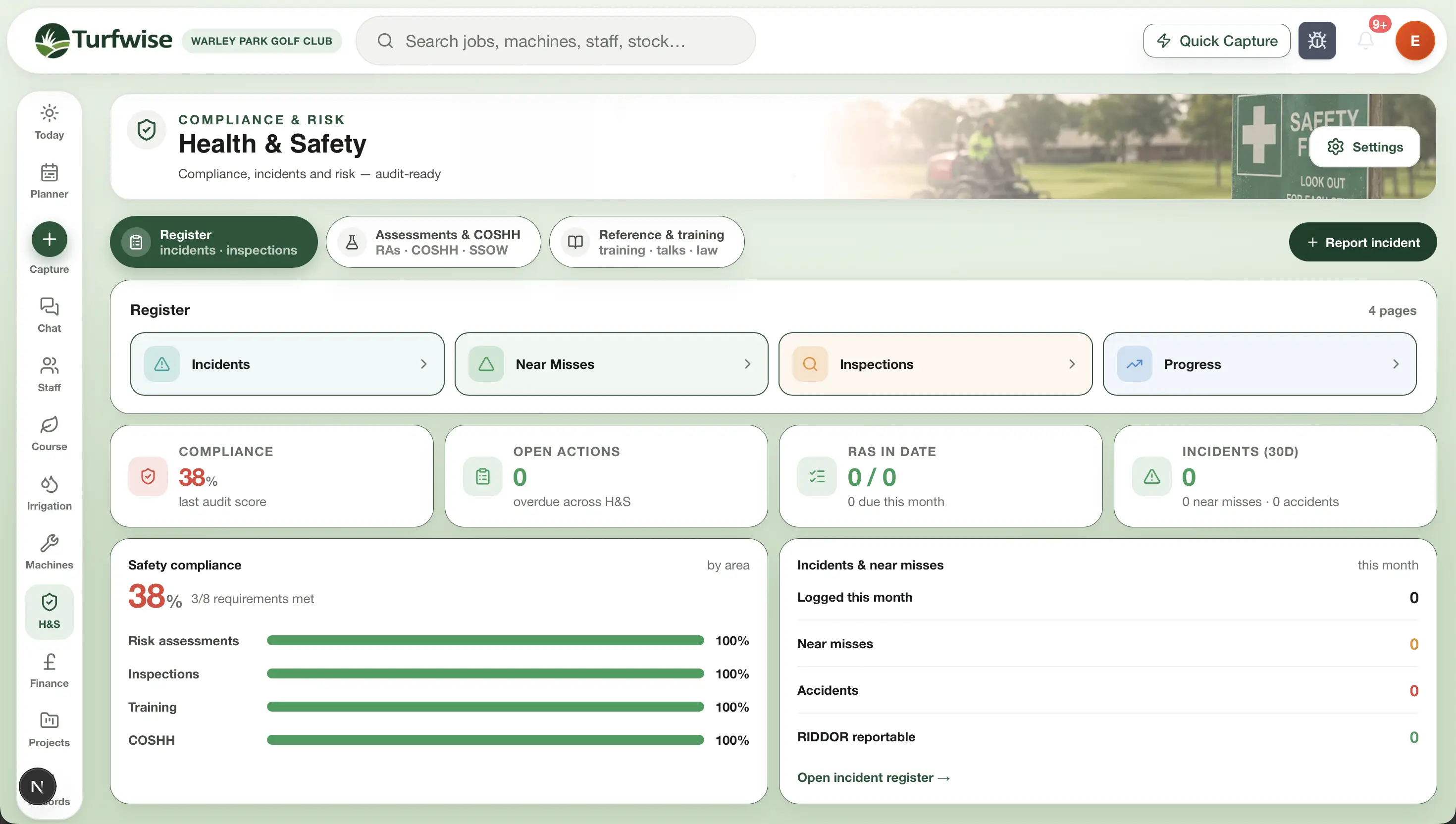 TurfWise Health & Safety dashboard