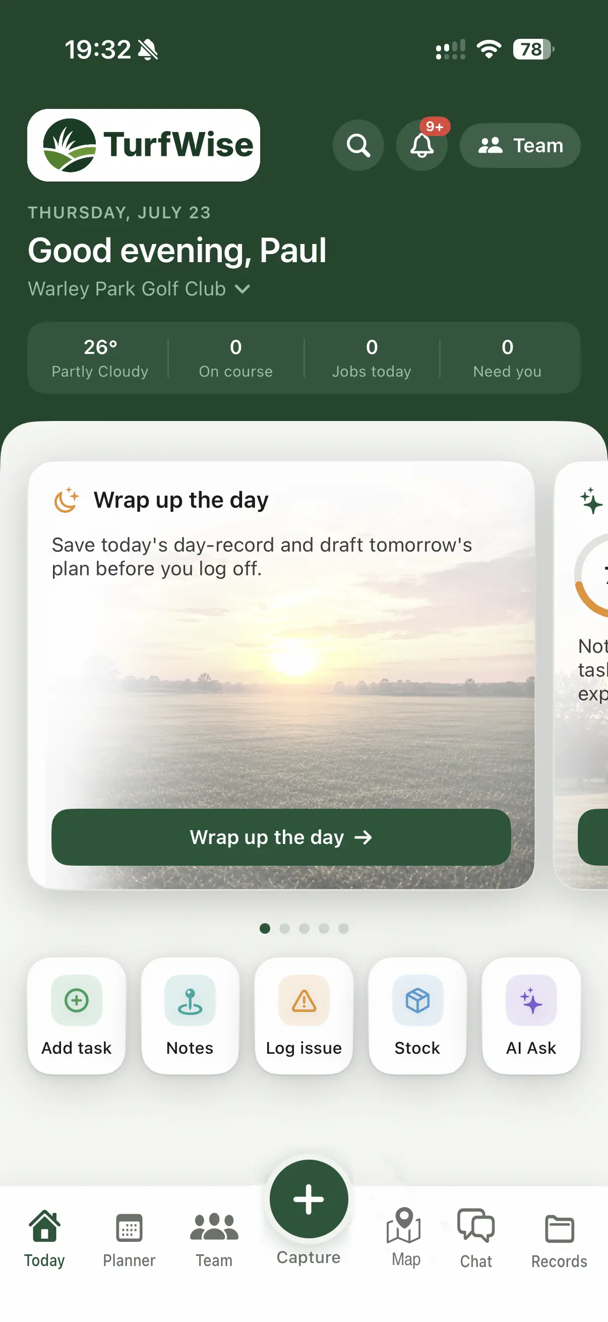 TurfWise on iPhone — the Today screen