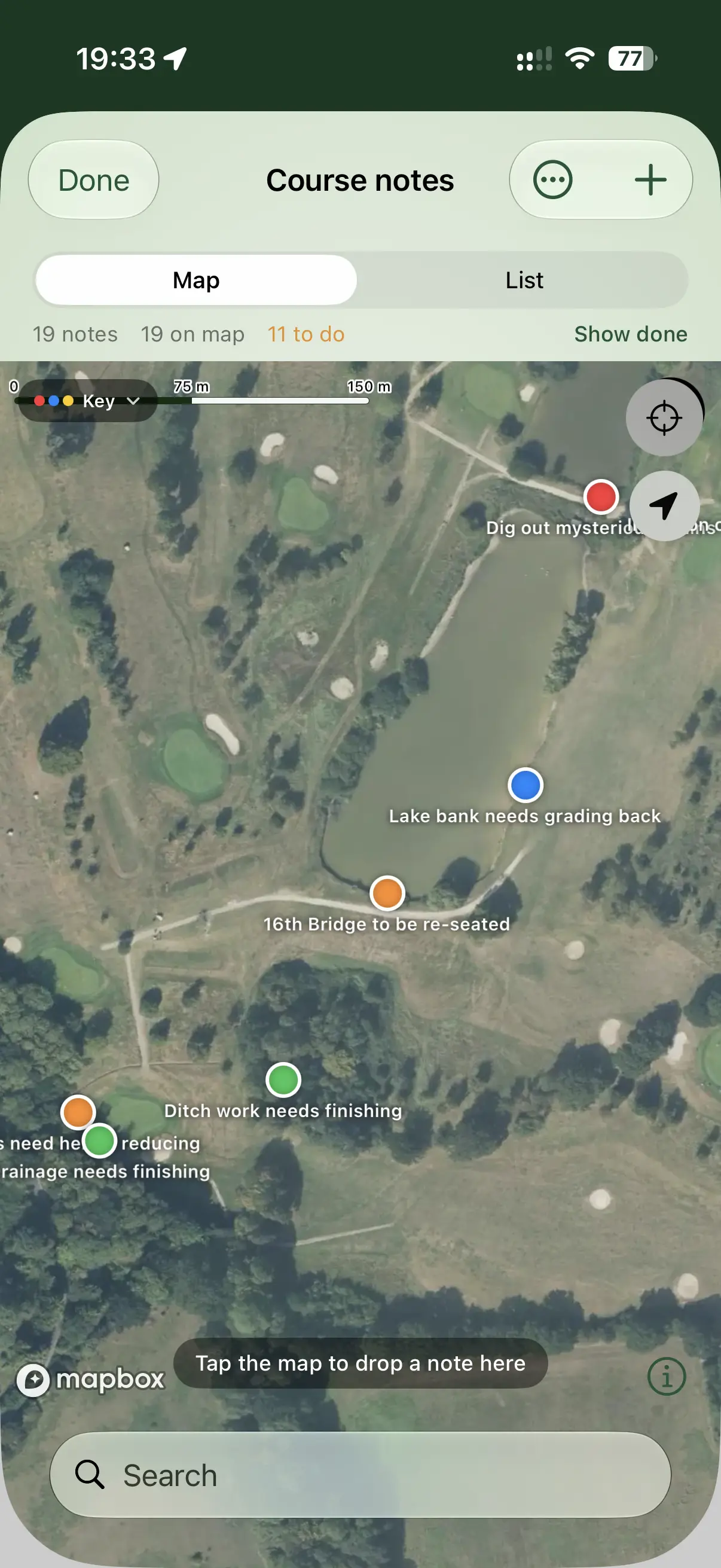 TurfWise course-notes map on iPhone