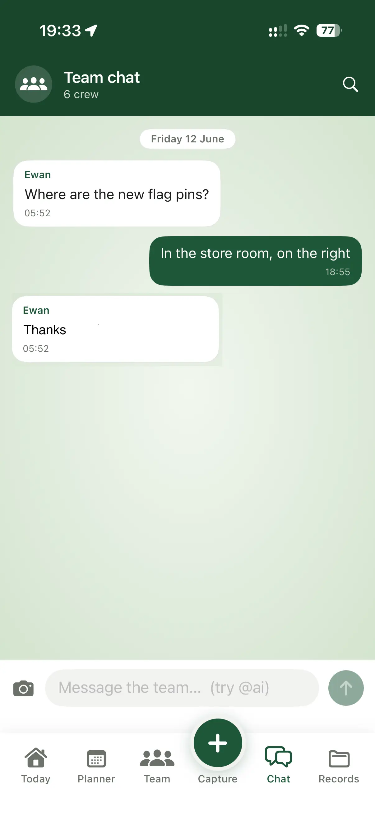 TurfWise team chat on iPhone
