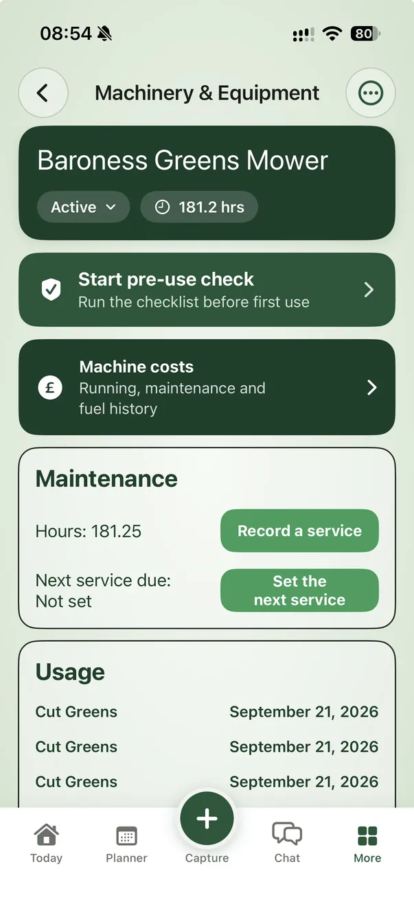A mower's record, with its pre-use check, costs and maintenance.