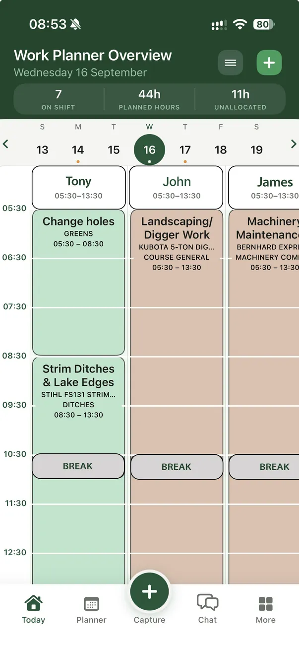 The phone Work Planner, showing each person's jobs for the day.