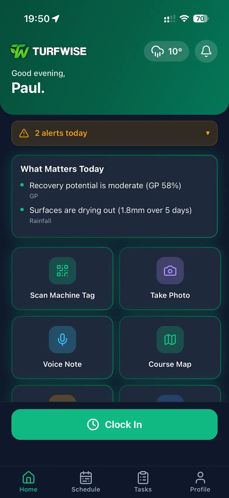 TurfWise mobile app — screen 1 of 9